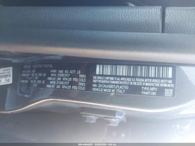 2020 Jeep Renegade Altitude Fwd მანქანა იყიდება აუქციონზე, vin: ZACNJABB7LPL43780, აუქციონის ნომერი: 44644287