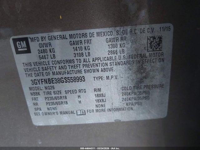 3GYFNBE38GS558993 Cadillac Srx Luxury Collection
