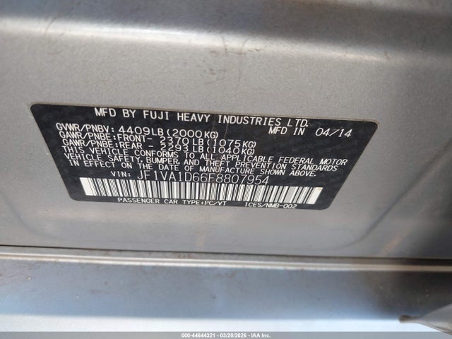 Aukcja sprzedaży 2015 Subaru Wrx Premium, vin: JF1VA1D66F8807954, numer aukcji: 44644321