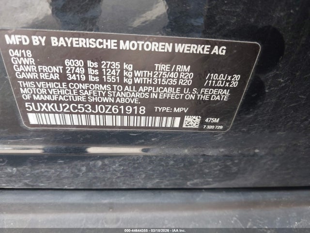 44644355 :رقم المزاد ، 5UXKU2C53J0Z61918 vin ، 2018 Bmw X6 Xdrive35i مزاد بيع