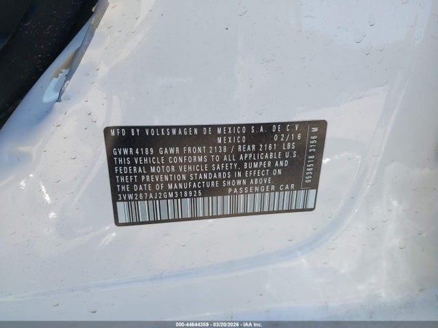 2016 Volkswagen Jetta 1.4t S მანქანა იყიდება აუქციონზე, vin: 3VW267AJ2GM318925, აუქციონის ნომერი: 44644359