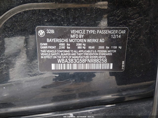 Aukcja sprzedaży 2015 Bmw 328i Xdrive, vin: WBA3B3G58FNR88258, numer aukcji: 44644360