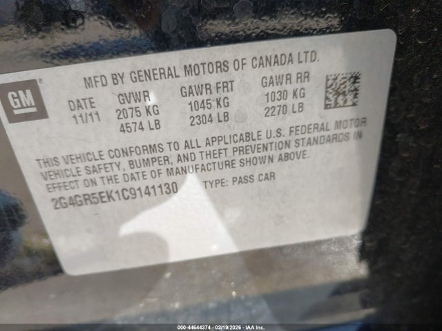 44644374 :رقم المزاد ، 2G4GR5EK1C9141130 vin ، 2012 Buick Regal مزاد بيع