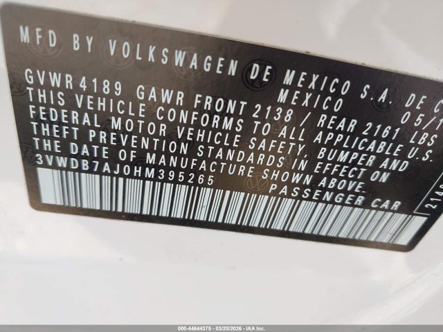 Aukcja sprzedaży 2017 Volkswagen Jetta 1.4t Se, vin: 3VWDB7AJ0HM395265, numer aukcji: 44644375