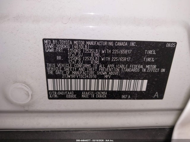 2025 Toyota Rav4 Xle მანქანა იყიდება აუქციონზე, vin: 2T3W1RFV1SC343916, აუქციონის ნომერი: 44644377