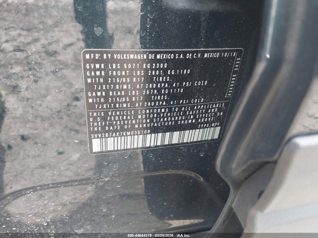 44644379 :رقم المزاد ، 3VV2B7AX7KM035109 vin ، 2019 Volkswagen Tiguan 2.0t Se/2.0t Sel/2.0t Sel R-line/2.0t Sel R-line Black مزاد بيع