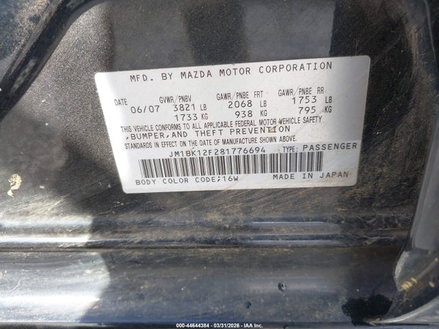 Продаж на аукціоні авто 2008 Mazda Mazda3 I, vin: JM1BK12F281776694, номер лоту: 44644384