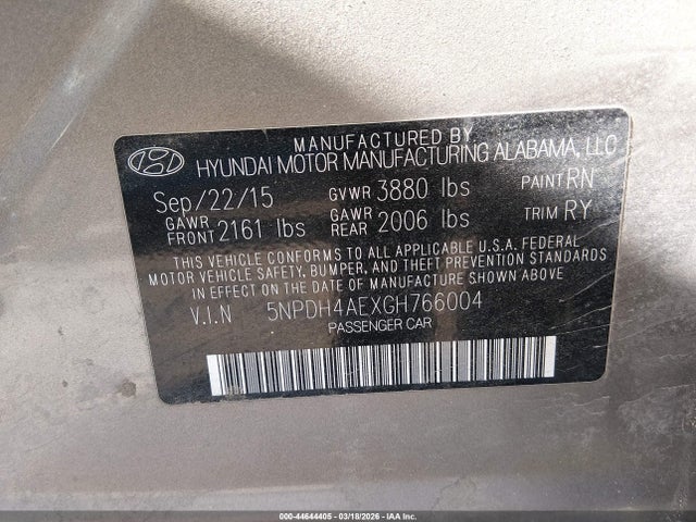 5NPDH4AEXGH766004 Hyundai Elantra Value Edition