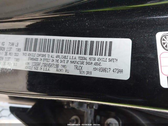 Aukcja sprzedaży 2019 Ram 1500 Laramie  4x4 5'7 Box, vin: 1C6SRFJT6KN507198, numer aukcji: 44644414