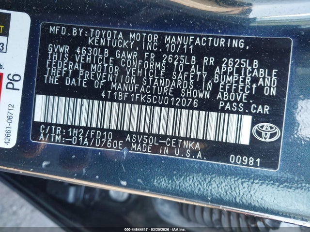 Продажа на аукционе авто 2012 Toyota Camry Le, vin: 4T1BF1FK5CU012076, номер лота: 44644417