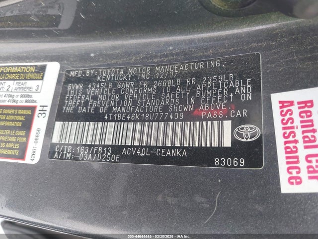 2008 TOYOTA CAMRY 4T1BE46K18U777409 Photo 8