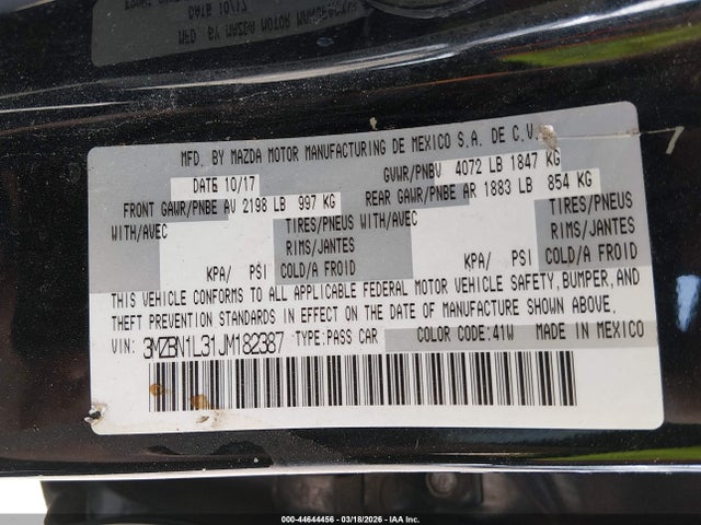 2018 Mazda Mazda3 Touring მანქანა იყიდება აუქციონზე, vin: 3MZBN1L31JM182387, აუქციონის ნომერი: 44644456