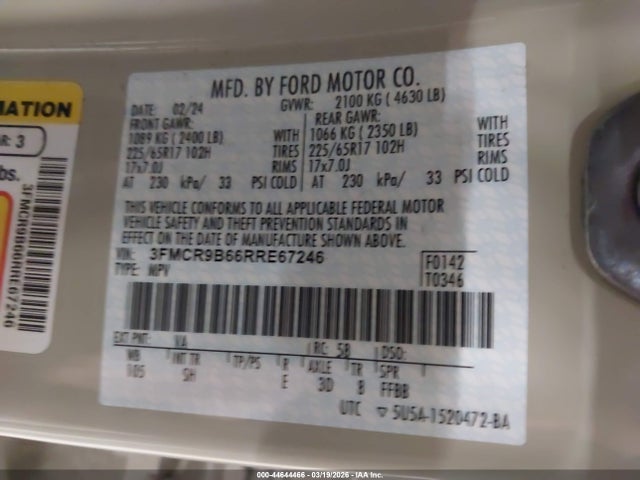 Aukcja sprzedaży 2024 Ford Bronco Sport Big Bend, vin: 3FMCR9B66RRE67246, numer aukcji: 44644466