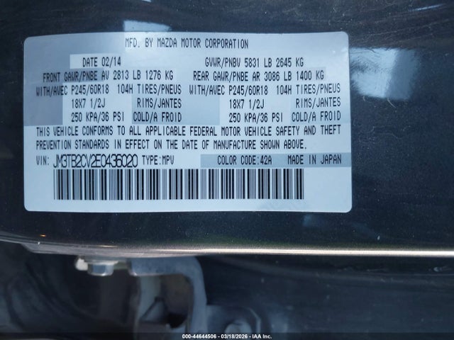 Aukcja sprzedaży 2014 Mazda Cx-9 Touring, vin: JM3TB2CV2E0436020, numer aukcji: 44644506