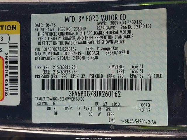 44644508 :رقم المزاد ، 3FA6P0G78JR260162 vin ، 2018 Ford Fusion S مزاد بيع