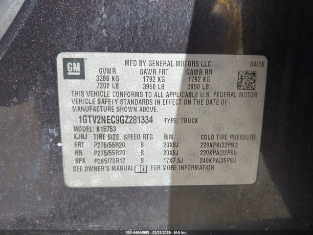 Продажа на аукционе авто 2016 Gmc Sierra 1500 Slt, vin: 1GTV2NEC9GZ281334, номер лота: 44644509