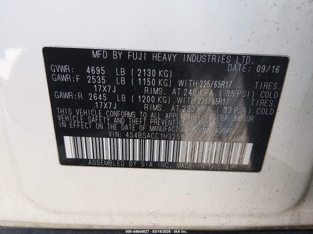 2017 Subaru Outback 2.5i Premium მანქანა იყიდება აუქციონზე, vin: 4S4BSACC1H3258533, აუქციონის ნომერი: 44644527