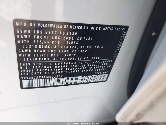 Продажа на аукционе авто 2019 Volkswagen Tiguan 2.0t Se/2.0t Sel/2.0t Sel R-line/2.0t Sel R-line Black, vin: 3VV2B7AX1KM022257, номер лота: 44644537