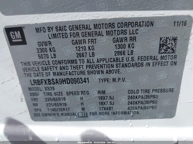 Aukcja sprzedaży 2017 Buick Envision Essence, vin: LRBFXBSA9HD090341, numer aukcji: 44644538