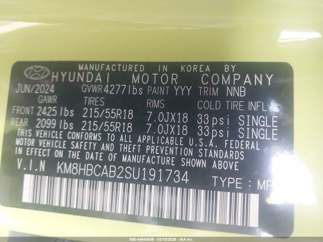 44644546 :رقم المزاد ، KM8HBCAB2SU191734 vin ، 2025 Hyundai Kona Sel مزاد بيع