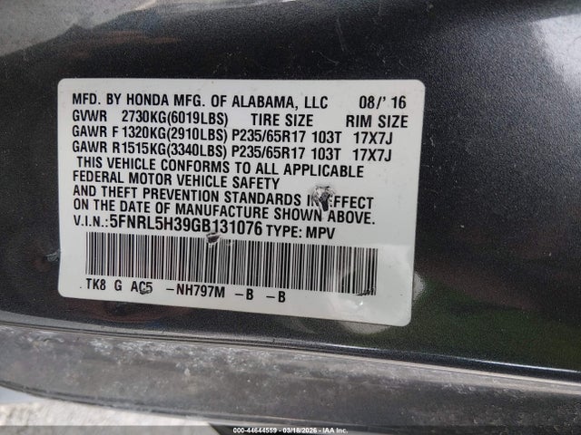 Aukcja sprzedaży 2016 Honda Odyssey Se, vin: 5FNRL5H39GB131076, numer aukcji: 44644559