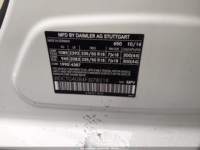 Продажа на аукционе авто 2015 Mercedes-benz Gla 250 4matic, vin: WDCTG4GB4FJ078219, номер лота: 44644569