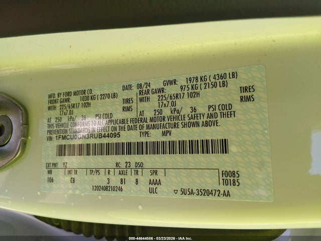 44644586 :رقم المزاد ، 1FMCU0GN3RUB44095 vin ، 2024 Ford Escape Active مزاد بيع
