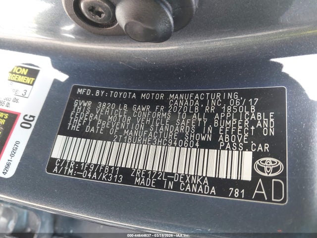 2017 Toyota Corolla Le მანქანა იყიდება აუქციონზე, vin: 2T1BURHE3HC940604, აუქციონის ნომერი: 44644637
