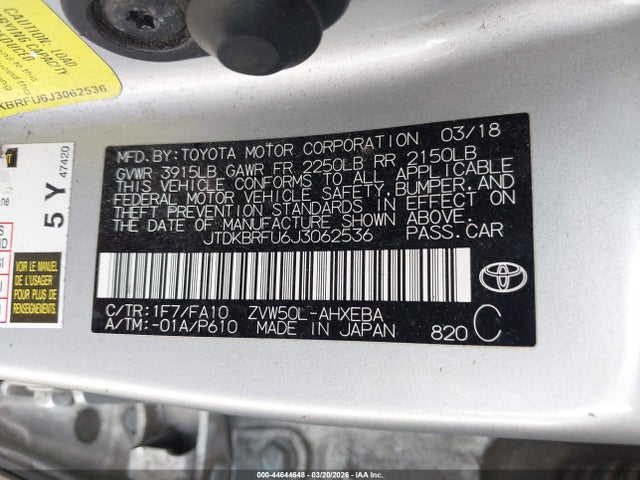 Toyota Prius Two 2018 JTDKBRFU6J3062536 Image 9
