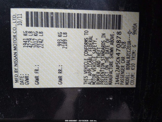 44644667 :رقم المزاد ، 1N4AL2AP5CN470878 vin ، 2012 Nissan Altima 2.5 S مزاد بيع