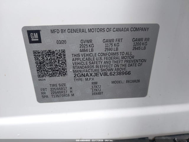 Продаж на аукціоні авто 2020 Chevrolet Equinox Fwd 2fl, vin: 2GNAXJEV8L6238966, номер лоту: 44644668