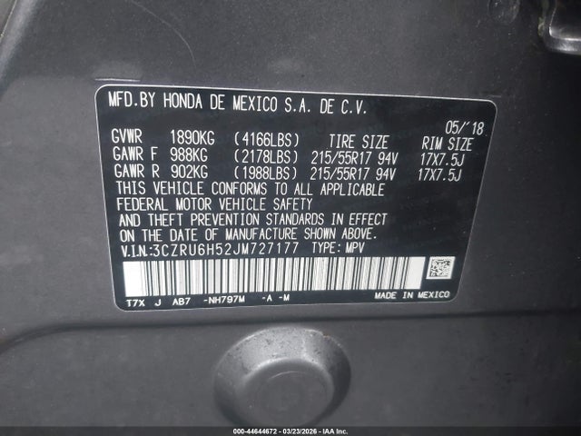 44644672 :رقم المزاد ، 3CZRU6H52JM727177 vin ، 2018 Honda Hr-v Ex مزاد بيع