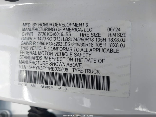 Aukcja sprzedaży 2024 Honda Ridgeline Sport, vin: 5FPYK3F11RB025008, numer aukcji: 44644678
