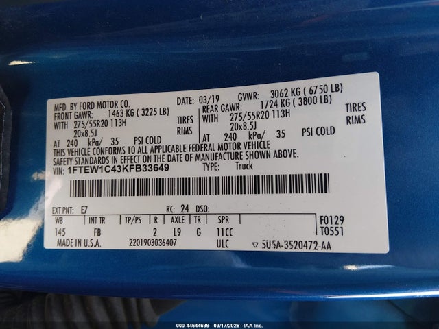 2019 FORD F-150 1FTEW1C43KFB33649 Photo 8