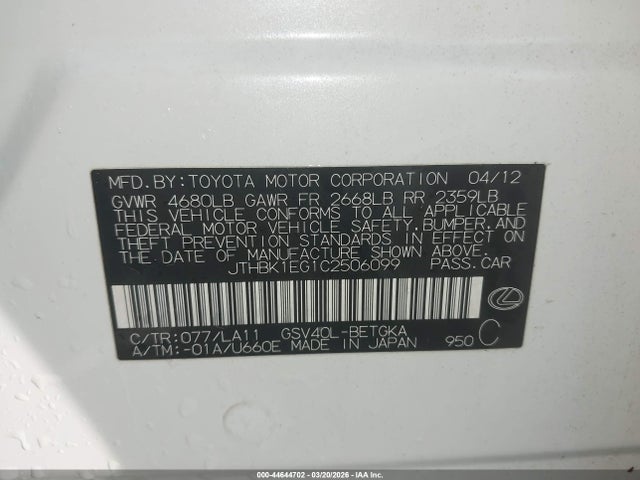 Aukcja sprzedaży 2012 Lexus Es 350, vin: JTHBK1EG1C2506099, numer aukcji: 44644702