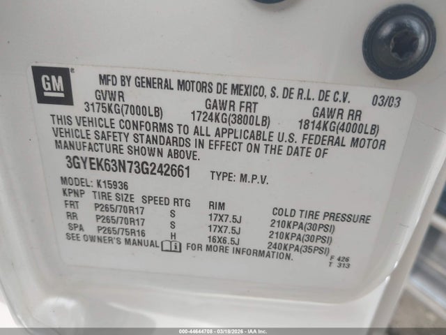 Aukcja sprzedaży 2003 Cadillac Escalade Ext Standard, vin: 3GYEK63N73G242661, numer aukcji: 44644708