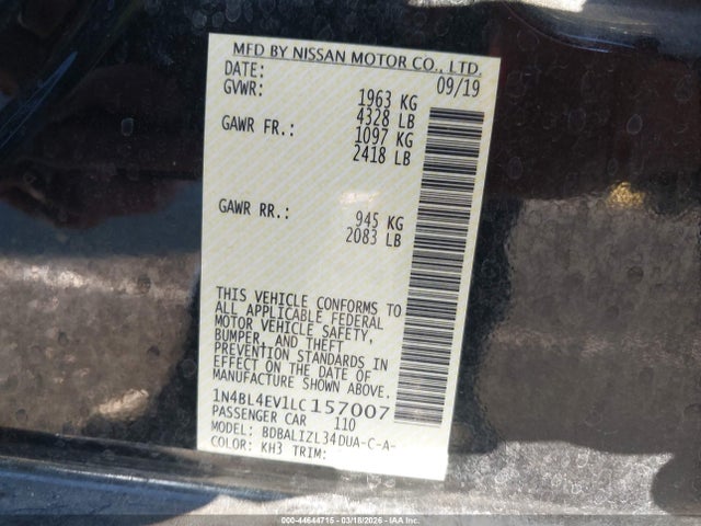Продаж на аукціоні авто 2020 Nissan Altima Sl Fwd, vin: 1N4BL4EV1LC157007, номер лоту: 44644715