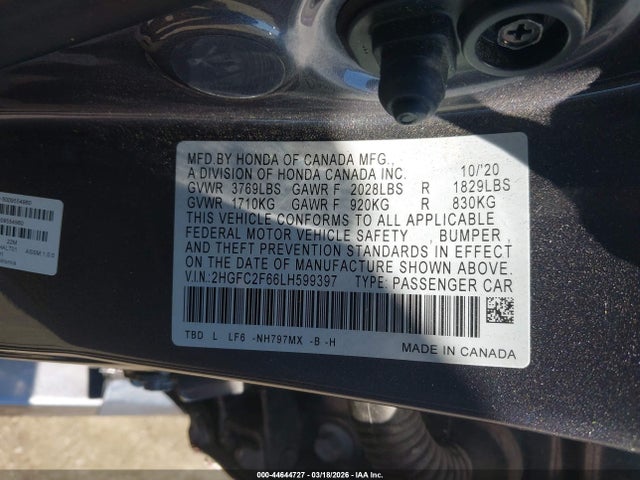 Honda Civic Lx 2020 2HGFC2F66LH599397 Image 9