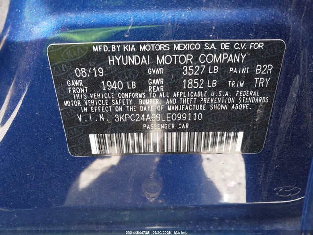 2020 Hyundai Accent Se მანქანა იყიდება აუქციონზე, vin: 3KPC24A69LE099110, აუქციონის ნომერი: 44644738
