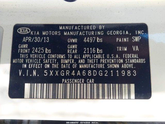 Продаж на аукціоні авто 2013 Kia Optima Sx, vin: 5XXGR4A68DG211983, номер лоту: 44644767