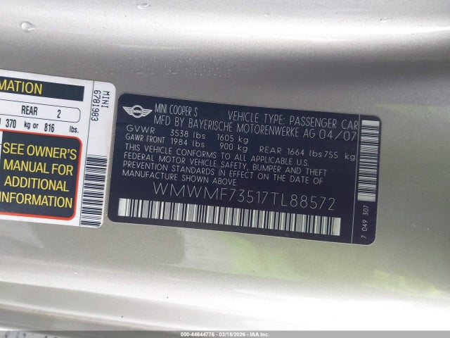 2007 MINI COOPER S WMWMF73517TL88572 Photo 8