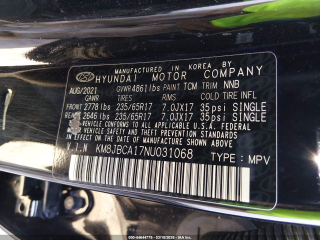 Продажа на аукционе авто 2022 Hyundai Tucson Hybrid Blue, vin: KM8JBCA17NU031068, номер лота: 44644778