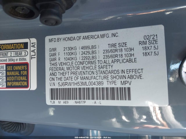 5J6RW1H53ML004389 Honda Cr-v 2wd Ex