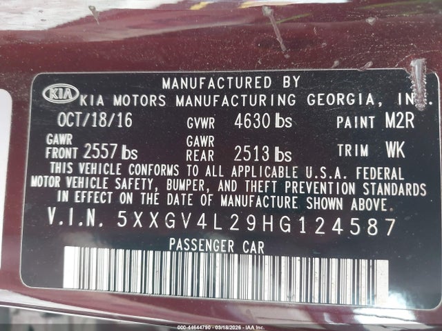 5XXGV4L29HG124587 KIA Optima Sxl Turbo