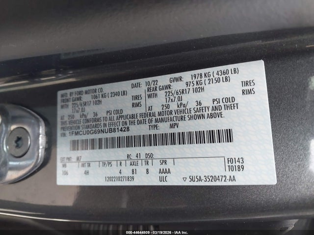 Aukcja sprzedaży 2022 Ford Escape Se, vin: 1FMCU0G69NUB81428, numer aukcji: 44644809