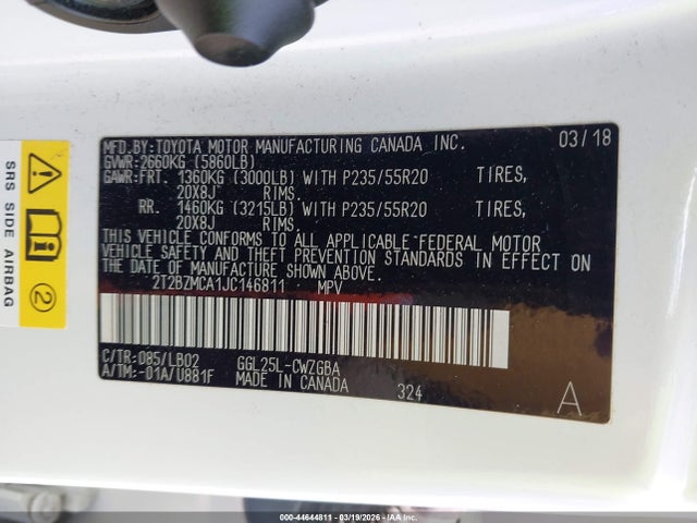 44644811 :رقم المزاد ، 2T2BZMCA1JC146811 vin ، 2018 Lexus Rx 350 مزاد بيع