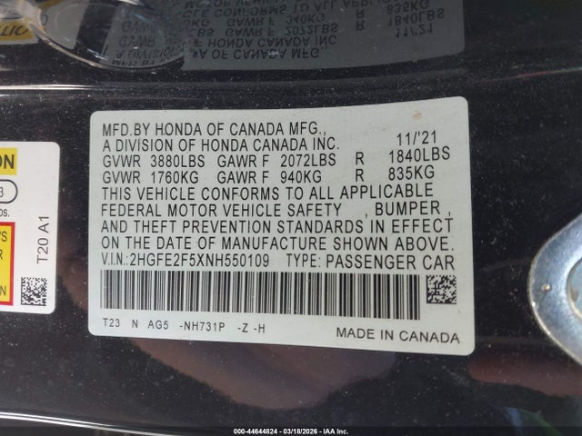 Aukcja sprzedaży 2022 Honda Civic Sport, vin: 2HGFE2F5XNH550109, numer aukcji: 44644824
