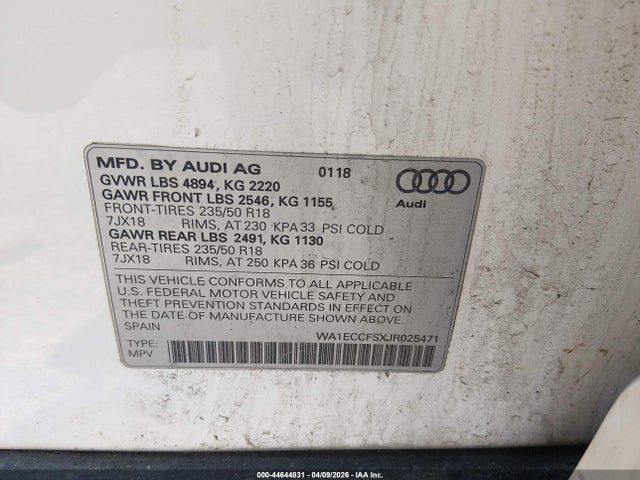 Aukcja sprzedaży 2018 Audi Q3 2.0t Premium/2.0t Sport Premium, vin: WA1ECCFSXJR025471, numer aukcji: 44644831