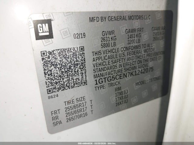 44644836 :رقم المزاد ، 1GTG5CEN7K1242075 vin ، 2019 Gmc Canyon Sle مزاد بيع