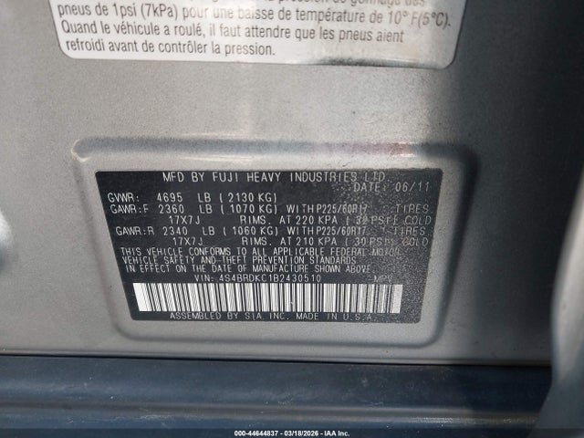 44644837 :رقم المزاد ، 4S4BRDKC1B2430510 vin ، 2011 Subaru Outback 3.6r Limited مزاد بيع